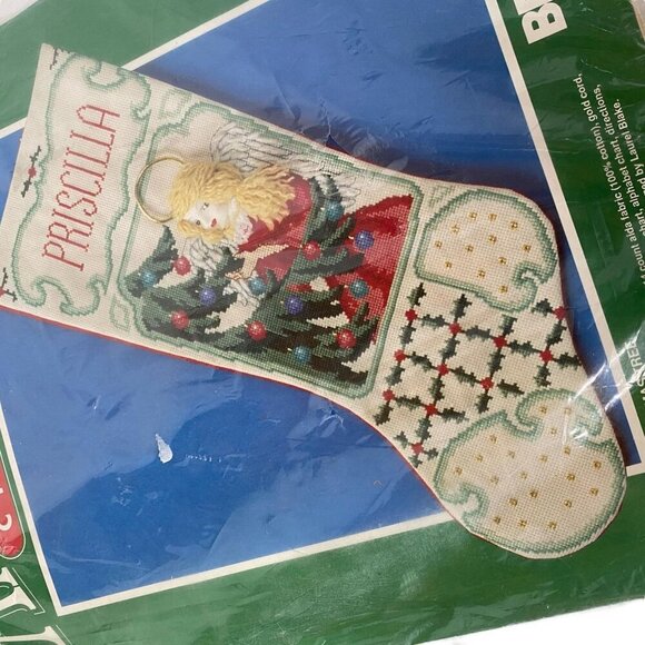 Bernat Angel Face O Christmas Tree Stocking Cross Stitch Kit Holiday Vintage - Picture 2 of 3